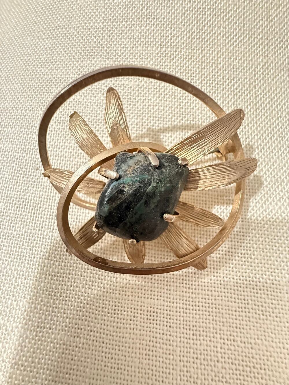 Vintage Gold Tone Authentic Stone Modernist Brooch With Green Stone